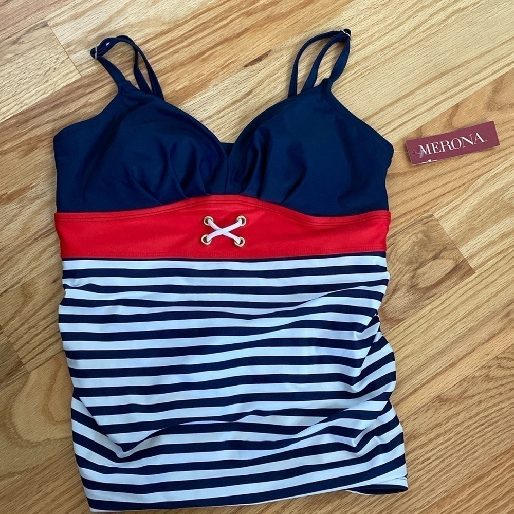NWT Merona Nautical Striped Tankini Swimsuit Top Womenās Americana Beach M